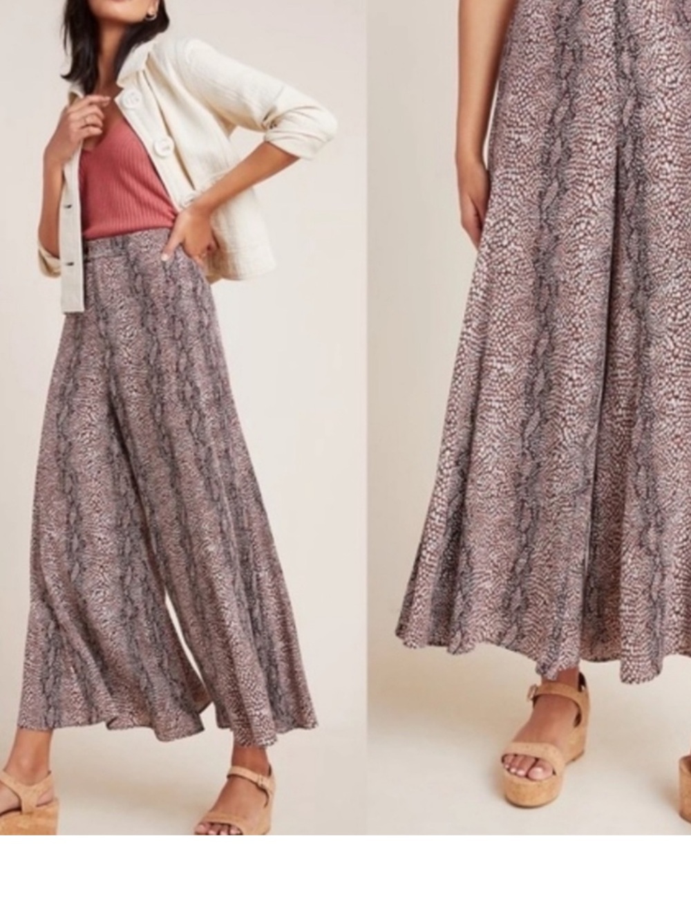 Anthropologie Skirted Wide-Leg Brown Snakeskin Pattern Breezy Boho Pants size 0